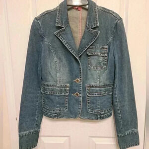 Denim Jacket 2 Button  Blazer Blue Size 11 Stretch Mid Wash